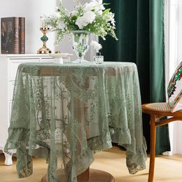 Table Cloth Dark Green Flowers Vintage Elegant Ruffle Tablecloth Mesh Drapes Farmhouse Rectangular Cover For Home Kitchen Dinning Room