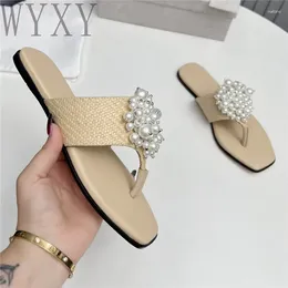 Slippers Summer Square Toe Pinch Women Shoes Pearl Decor Genuine Leather Sexy Flip Flops Fashion Casual Flats Woman 2024