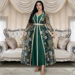 Ethnic Clothing Marocain Kaftan Embroidery Mesh Kimono Cardigan Maxi Dress 2 Pieces Set Women Dubai Abaya Muslim Sequins Gown Jalabiya