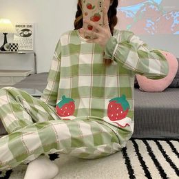 Home Clothing Pyjamas Women's Knitting Cotton Clothes For Spring And Autumn Wear Pullover Cartoon Long Sleeve Suit Round Neck Plaid
