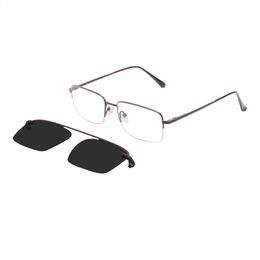 Men Metal Rectangular Glasses Frame With Clip On Sunglasses For Prescription Lenses 240323