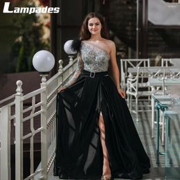 Party Dresses One Shoulder Long Sleeves Applique Lace Black Prom Dress With Belt Slit Robe Soiree Femme Evening Luxury