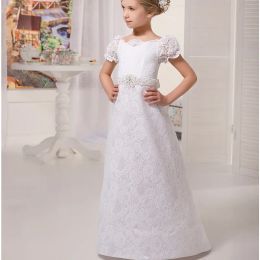 Dresses 2020 White Rustic Lace vestidos de primera comunion leondo A Line Short Sleeve Floor Length Flower Girl Dress with Bow Sash