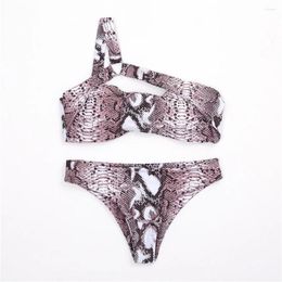 Women's Swimwear Snake Print Bikini Swimsuit One-shoulder Bandage Cut Out Sexy Women Two Piece Beach Bathing Suit Bikinis Thong Biquinis