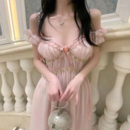 Casual Dresses Summer Sexy Lady Pink Dress For Party Night Sweet Chiffon V-Neck Off Shoulder Floral Club Woman Vestido Festa Robe Rose