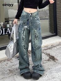 Women's Jeans Circyy Blue Baggy For Women High Street Painted More Than A Pocket Wide Leg Cargo Pants Fashion Straight Trousers