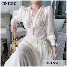 Basic & Casual Dresses Elegant Dress Women Solid Long Sleeve Fairy Party Office Lady Y V-Neck Loose Midi 2021 Autumn Clothing Female Dhjdb