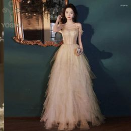 Casual Dresses YOSIMI-Women's Golden Sequin Long Dress Vintage Floor Length Sleeveless A-line Ball Gown Mesh Cake Wedding Party