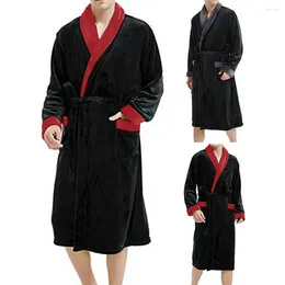 Home Clothing Color-blocked Nightgown Men's Winter Plush Coral Fleece With Long Sleeve Tie Waist Pockets Great Water For Sleepwear