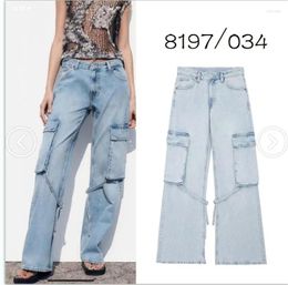 Women's Jeans Casual Mid-waist Retro 2024 Pocket Light Blue Tie Belt Decoration Tooling 8197/034