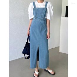 Casual Dresses Korean Summer Retro Temperament Square Collar Strap Dress High Waist Slim Split Design Denim Skirt Fashion Long