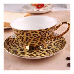 Cups Saucers Leopard Print Bone China Coffee Cup Saucer Set Kit Golden Edge Ceramic Milk Mug Drinkware British Retro Afternoon Teacup Dish