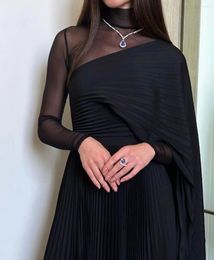 Party Dresses Sapmae O-neck Tulle Full Sleeve A-line Black Satin ZipperUp Floor-length Prom Evenning Cocktail Formal Dress For Women In