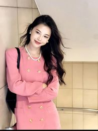 Work Dresses Temperament Celebrity Pink Coat Pleated Skirt Two-piece Set Women O-neck Double Breasted Korean Sweet Solid Slim Spring Suit