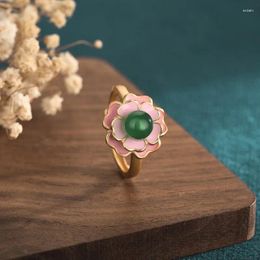 Cluster Rings China Style Ladies Ring Copper Gold Plated Green Jade Pink Flower Enamel Craft Finger Jewelry Adjustable Opening For Women