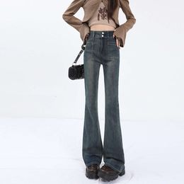 Mikro rozszerzone spodnie dla kobiet na wiosnę 2024 Nowe wysokie i wąskie szczupłe nogi Wysokie cementowe szare dżinsy Elastyczne Spodnie