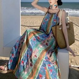 Cool Muse New Chinese Fragmented Flower Mid length Open Back Suspended Dress Womens Vacation Long Skirt