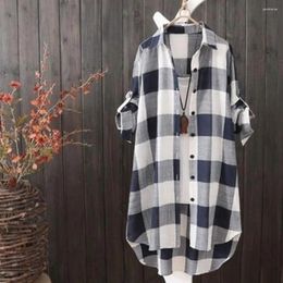 Women's Blouses Contrast Colour Shirt Plaid Print With Irregular Hem Oversized Fit Long Sleeve Lapel Top In Soft Breathable For A