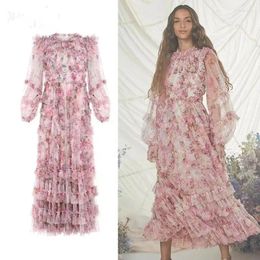 Casual Dresses Luxury French Elegant Spring Pink Mesh Flower Holiday Long Dress For Women O Neck Puff Sleeve Layers Cake Print Party