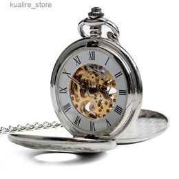 Pocket Watches Silver mechanical pocket retro mens fashion carved hand roll Roman digital classic fashion Orologio Da Tasca gift L240402