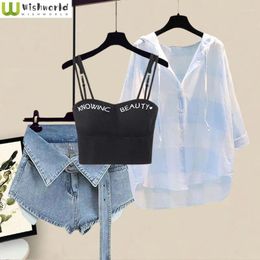 Women's Tracksuits Spring/Summer Set Korean Casual Hooded Sun Protection Shirt Vest Denim Shorts Age Reducing Three Piece
