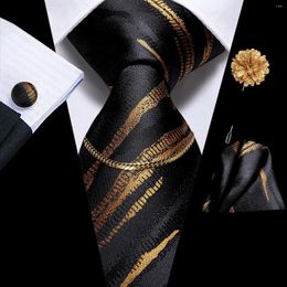 Bow Ties Hi-Tie Fashion Men's Golden Black Striped Silky Tie&Cufflinks&Handkerchief&Tie Chain&Brooch Wedding Accessorie Bussiness