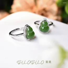 Cluster Rings Hetian Gourd Silver Inlay Jasper Jade Ring