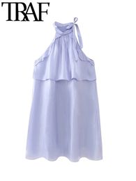 TRAF Summer Ultra Thin Women Halter Dresses Sleeveless Bow Tied Neck Ruffles Extreme Short Female Mini Dress Y2K 240329