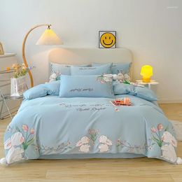 Bedding Sets Cotton Cute Cartoon Tulip Applique Embroidery Girls Set Duvet Cover Elastic Band Bed Sheet Pillowcases