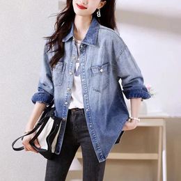 Women's Blouses Denim Shirt 2024 Fashion Autumn Vintage Loose Mid Length Casual Lapel Cowboy Ladies Tops