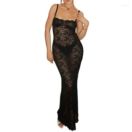 Casual Dresses Xingqing Women Lace Dress Elegant Solid Color Hollow Out Sleeveless Split Hem Bodycon Long Sexy Cocktail Party