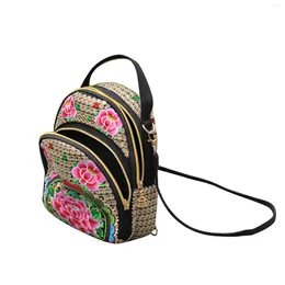 School Bags Women Vintage Mini Backpack Embroidered Flower Zipper Travel Shoulder Bag Daypack