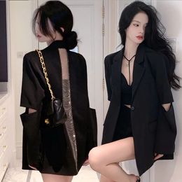 Autumn Fashion Womens Blazer Back Hollow out Chain One Button Black Long Sleeve Suit Jackets Female Casual Blazers 240402