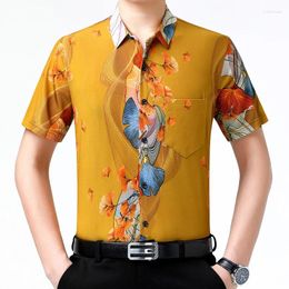 Men's Casual Shirts 2024 Summer Fashion Printing Ice Silk Anti- Wrinkle Clothes Male Flowers Print Smooth Dress Short Sleeved