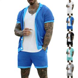 Summer Selling Mens Suit Hollow-out Perspective Ice Cool Comfortable Casual Thin Wear Men Short Sleeve Shorts Set 240329