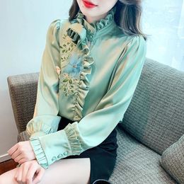 Women's T Shirts 2024 Spring Fall Women Ruffled Appliques Flower Embroidery Green Imitation Silk Top Shirt Woman Sweet Ladies Tops