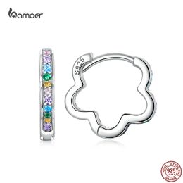 Rings Bamoer 100% Real 925 Sterling Silver Irregular Flower Ear Buckles Rainbow Colour Zircon Earrings for Women S925 Fine Jewellery