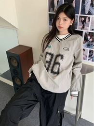 HOUZHOU Kpop Sweatshirts Women Vintage Y2k V-neck Sports Tops Oversized Korean Streetwear Hip Hop Female Printed Thin Hoodies 240326