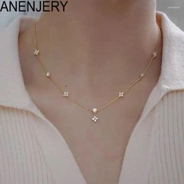 Chains ANENJERY Inlaid Zircon Four-leaf Flower Chain Necklace For Women Niche Light Luxury Fashion Collares Choker Accessories