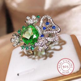 Cluster Rings Sweet Green Flower Ring Light Luxury High Sense Anniversary Ladies Fashion Jewelry Girly Style 925 Sterling Silver