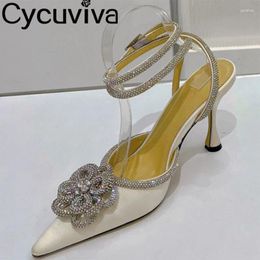 Dress Shoes White Satin Flower Crystal Sandals Women High Heel Rhinestone Ankle Strap Clear Summer Wedding Party Woman