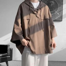 Men's Casual Shirts Men Solid Colour Hooded Top Oversized Streetwear Shirt With Chest Pockets Drawstring Hop Style For Spring