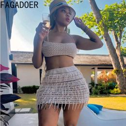 Work Dresses FAGADOER Summer Knitting Hollow Beach Holiday Two Piece Set Women Thin Strap Sleeveless Vest And Tassels Mini Skirts Outfits