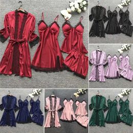 Home Clothing Lace Design Sleepwear Elegant Pajamas Set With Pleated Cardigan Coat Matching Shorts Women's Silky Homewear For Comfort