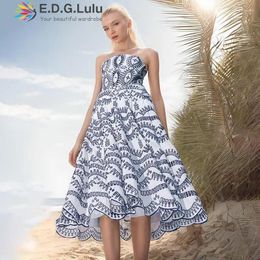 Casual Dresses EDGLuLu Strapless Hollow Embroider Print Blue Luxury Women 2024 Beach Vacation Sleeveless Backless Long Dress 0316
