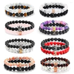 Strand Kirykle 8mm Natural Stone Beaded Jewellery Set For Women Men Tiger Eye Alloy Crown Elastic Bracelet Couples Gift