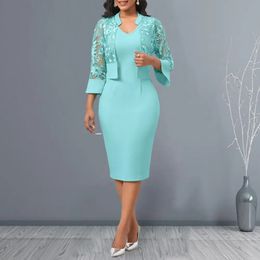 2 PcsSet Women Dress Coat Suit Slim Fit Sleeveless Sheath Seethrough Lace Cardigan Threequarter Sleeve Set 240402