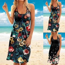 Casual Dresses Beach Dress For Women Sleeveless Vintage Floral Printed Round Neck High Waist Long Summer Elegant Ruched Sundress