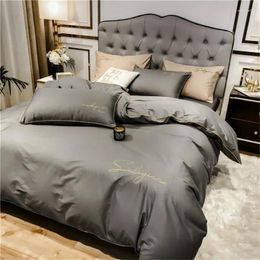 Bedding Sets Cotton Luxury Grey Set High-end Embroidery Solid Color Soft Breathable Comforter Covers 3/4 Piece