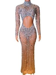 Sparkly s Pearls Transparent Hollow Long Dress Evening Birthday Celebrate Costume Prom Party Performance canlan 240327